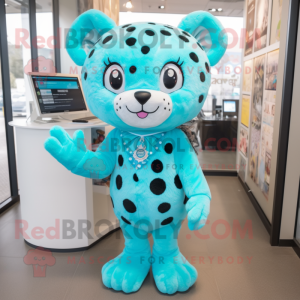 Cyan Leopard mascot costume character dressed with a Shift Dress and Hairpins