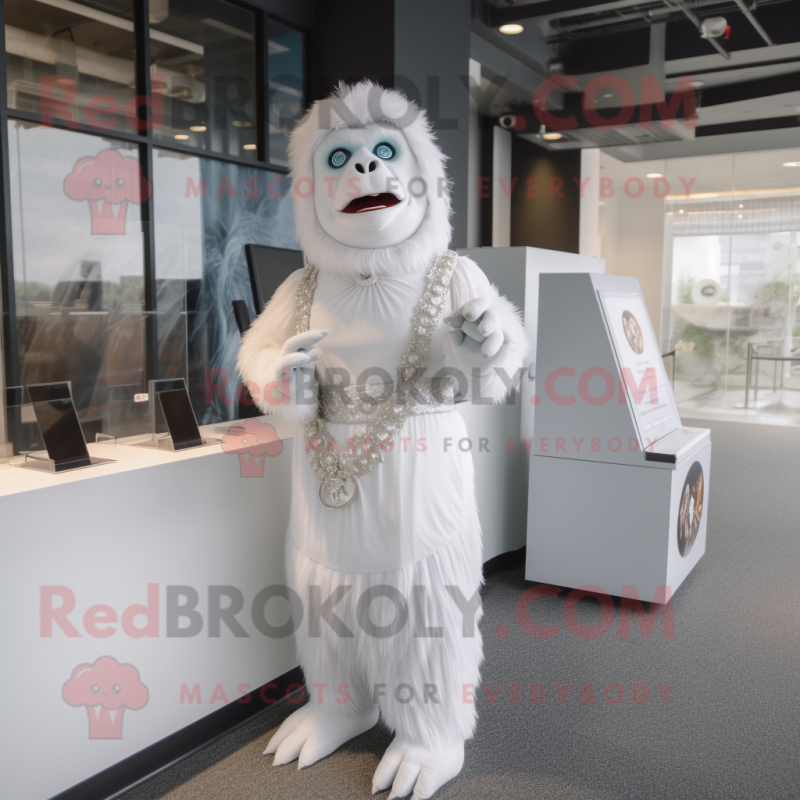 White Orangutan mascot costume character dressed with a Empire Waist Dress and Ties White Orangutan mascot costume character dressed with a Empire Waist Dress and Ties
