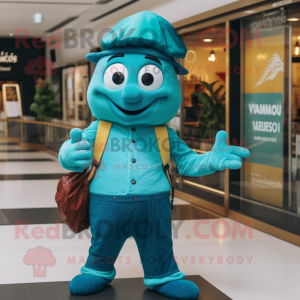 Turquoise Moussaka mascot costume character dressed with a V-Neck Tee and Berets