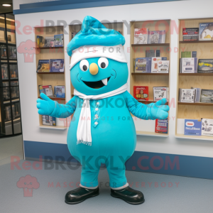 Turquoise Moussaka mascot costume character dressed with a V-Neck Tee and Berets