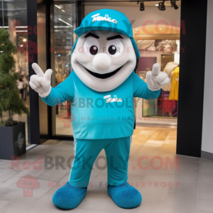 Turquoise Moussaka mascot costume character dressed with a V-Neck Tee and Berets