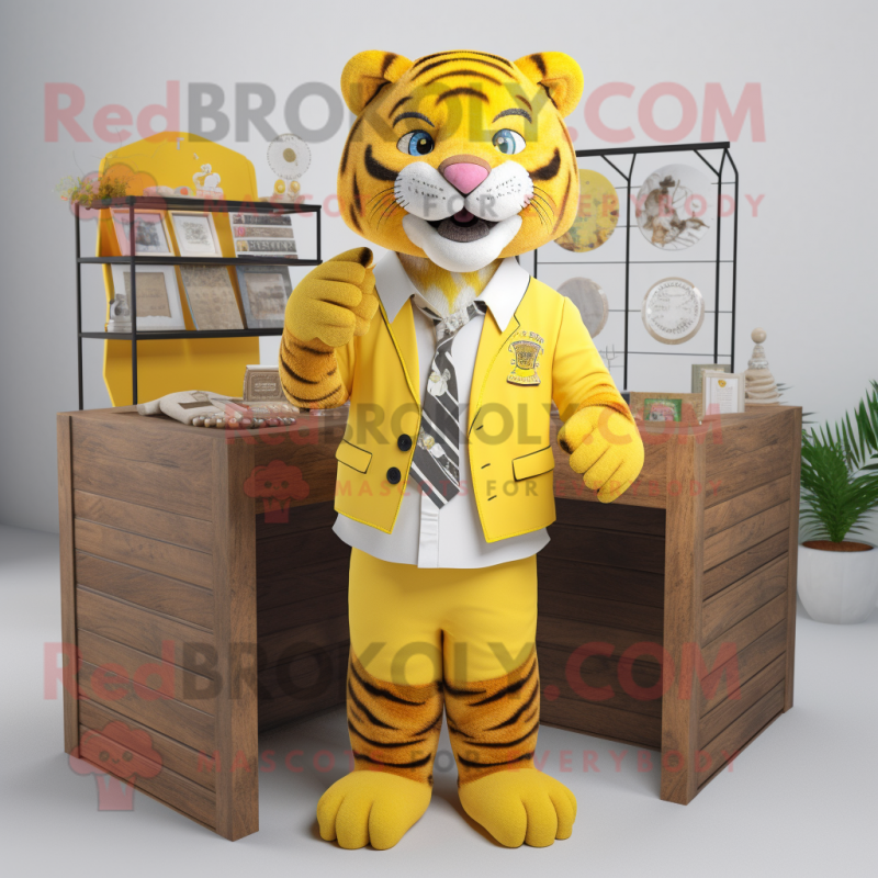 Yellow Tiger mascot costume character dressed with a Button-Up Shirt and Pocket squares