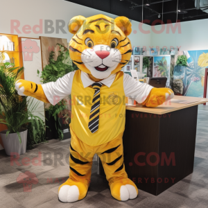 Yellow Tiger mascot costume character dressed with a Button-Up Shirt and Pocket squares