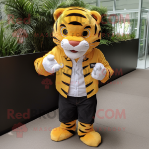 Yellow Tiger mascot costume character dressed with a Button-Up Shirt and Pocket squares
