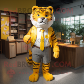 Yellow Tiger mascot costume character dressed with a Button-Up Shirt and Pocket squares