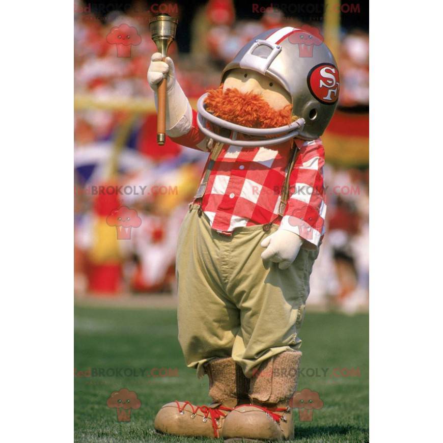 Mascot red-haired man with a mustached helmet and overalls -