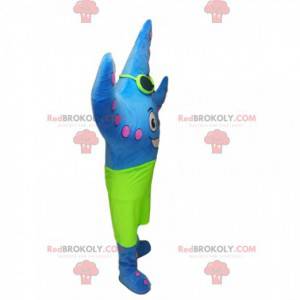 Mascotte blauwe zeester met neon groene zwembroek -