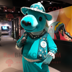 Turquoise Tapir mascot costume character dressed with a Graphic Tee and Hat pins