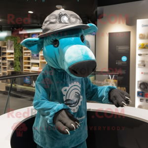 Turquoise Tapir mascot costume character dressed with a Graphic Tee and Hat pins