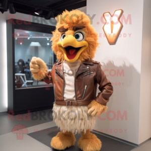 Beige Chicken Parmesan mascot costume character dressed with a Leather Jacket and Wallets