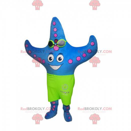 Mascote estrela do mar azul com calção de banho verde neon -