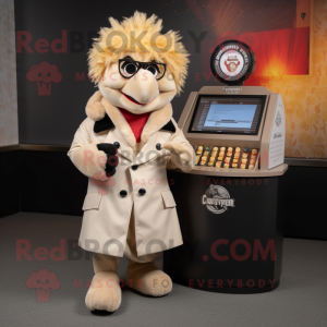 Beige Chicken Parmesan mascot costume character dressed with a Leather Jacket and Wallets