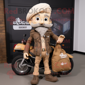 Beige Tikka Masala mascot costume character dressed with a Biker Jacket and Handbags