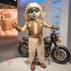 Beige Tikka Masala mascot costume character dressed with a Biker Jacket and Handbags