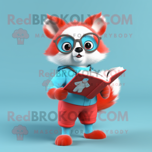 Sky Blue Red Panda mascot costume character dressed with a Mini Dress and Reading glasses