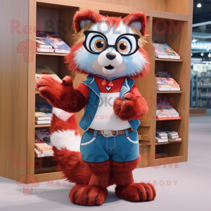 Sky Blue Red Panda mascot costume character dressed with a Mini Dress and Reading glasses