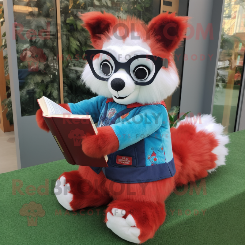 Sky Blue Red Panda mascot costume character dressed with a Mini Dress and Reading glasses Sky Blue Red Panda mascot costume character dressed with a Mini Dress and Reading glasses