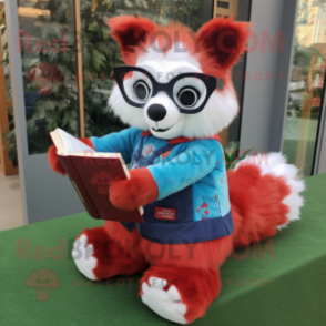 Sky Blue Red Panda mascot costume character dressed with a Mini Dress and Reading glasses