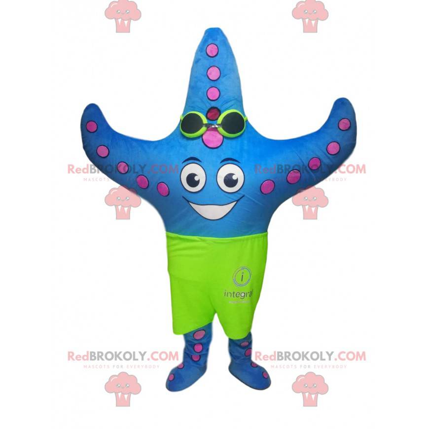 Mascotte blauwe zeester met neon groene zwembroek -