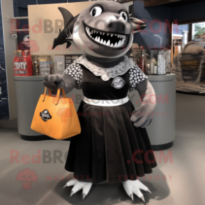 Black Megalodon mascot costume character dressed with a Wrap Skirt and Tote bags