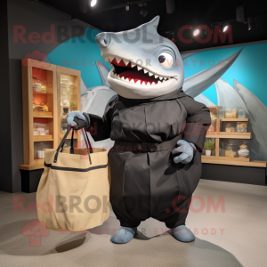 Black Megalodon mascot costume character dressed with a Wrap Skirt and Tote bags