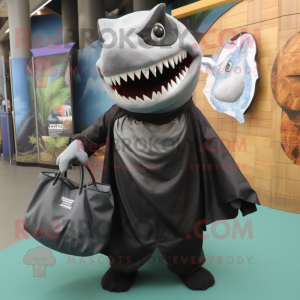 Black Megalodon mascot costume character dressed with a Wrap Skirt and Tote bags