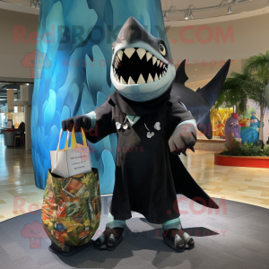 Black Megalodon mascot costume character dressed with a Wrap Skirt and Tote bags