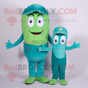 Cyan Green Bean mascot costume character dressed with a Mom Jeans and Beanies