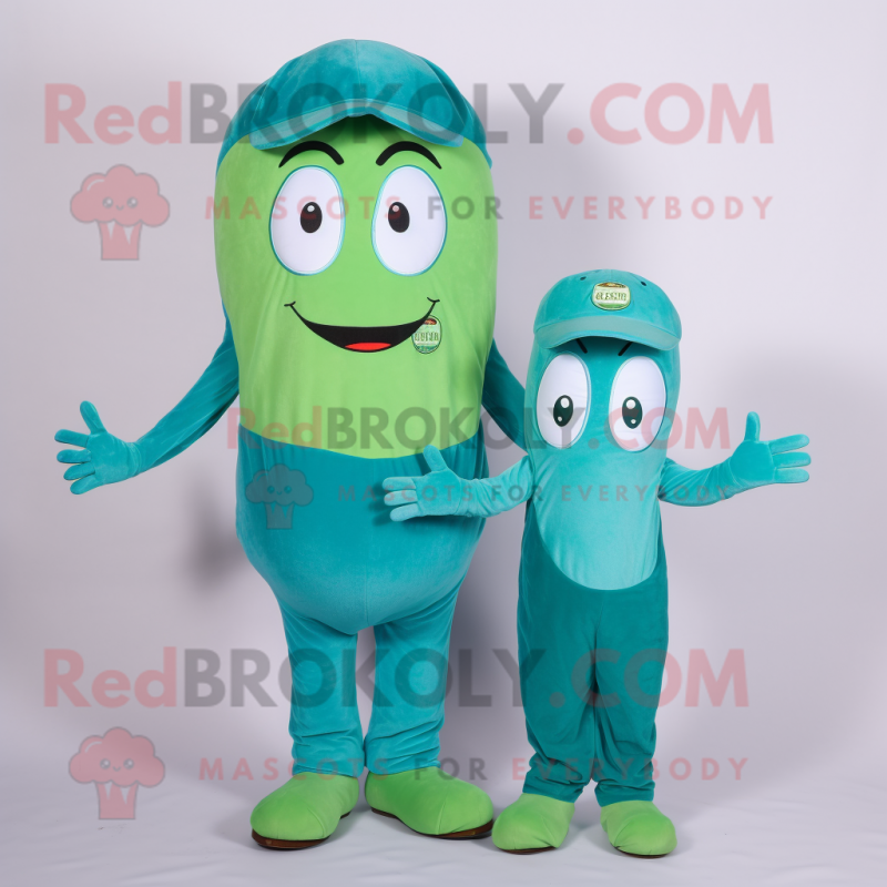 Cyan Green Bean mascot costume character dressed with a Mom Jeans and Beanies Cyan Green Bean mascot costume character dressed with a Mom Jeans and Beanies