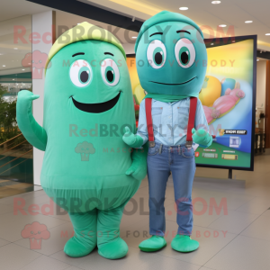 Cyan Green Bean mascot costume character dressed with a Mom Jeans and Beanies