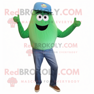 Cyan Green Bean mascot costume character dressed with a Mom Jeans and Beanies