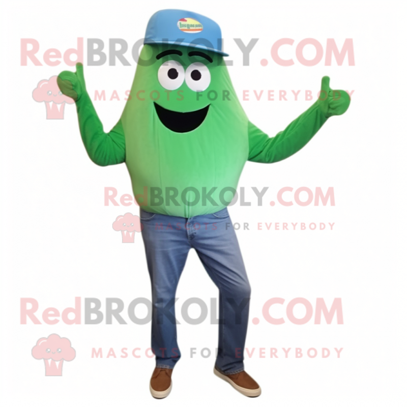 Cyan Green Bean mascot costume character dressed with a Mom Jeans and Beanies