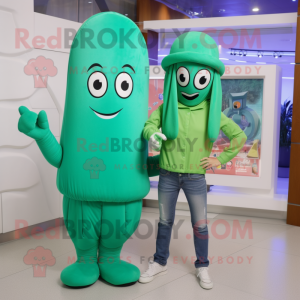 Cyan Green Bean mascot costume character dressed with a Mom Jeans and Beanies