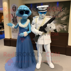 Blue Sniper mascot costume character dressed with a Wedding Dress and Keychains