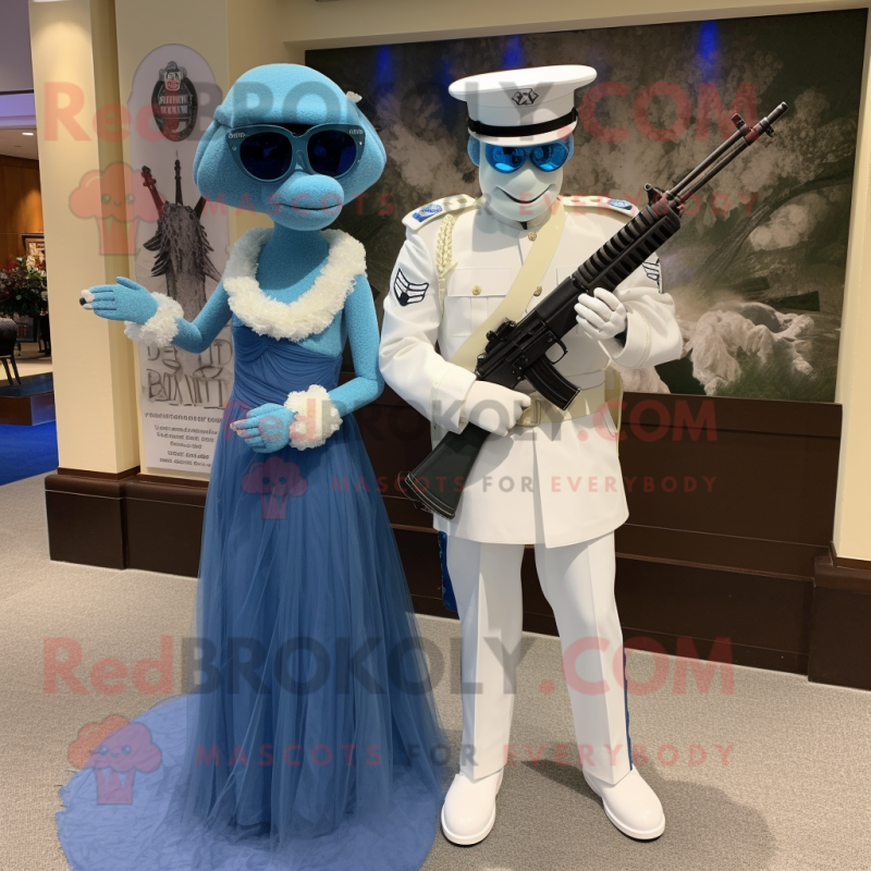 Blue Sniper mascot costume character dressed with a Wedding Dress and Keychains Blue Sniper mascot costume character dressed with a Wedding Dress and Keychains