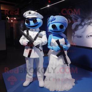 Blue Sniper mascot costume character dressed with a Wedding Dress and Keychains