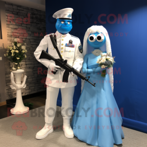 Blue Sniper mascot costume character dressed with a Wedding Dress and Keychains