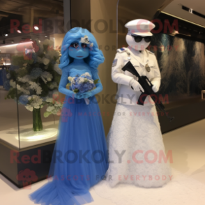 Blue Sniper mascot costume character dressed with a Wedding Dress and Keychains