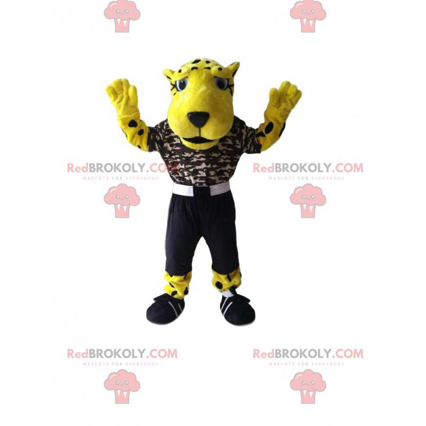 Beautiful leopard mascot with a camouflage jersey -