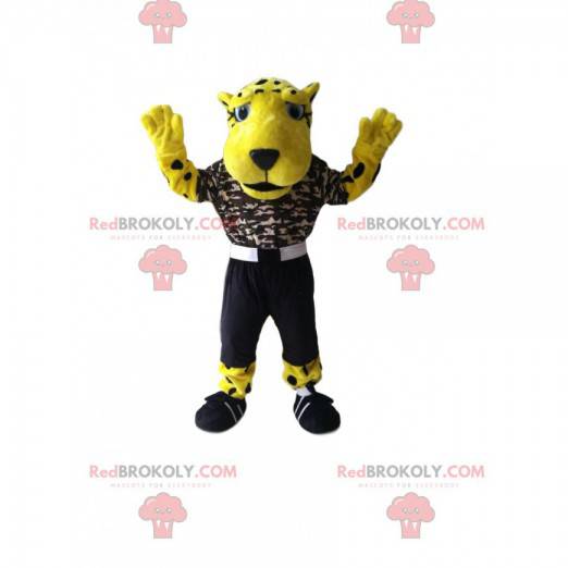 Beautiful leopard mascot with a camouflage jersey -