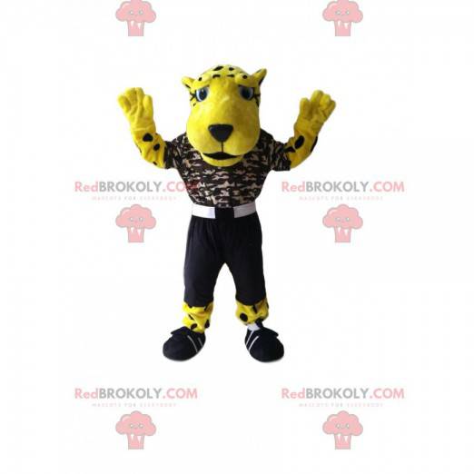 Schönes Leopardenmaskottchen mit einem Tarnjersey -
