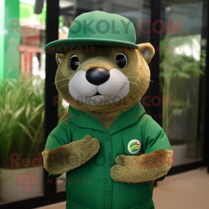Green Mongoose mascot costume character dressed with a Rash Guard and Hats