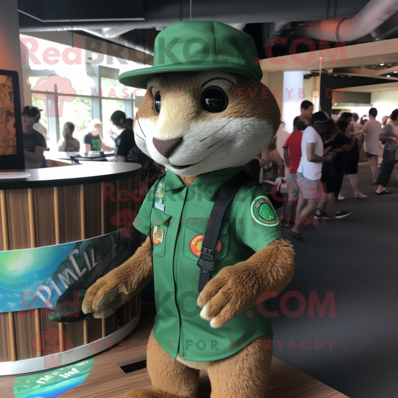 Green Mongoose mascot costume character dressed with a Rash Guard and Hats