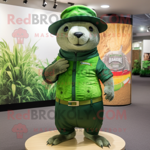 Green Mongoose mascot costume character dressed with a Rash Guard and Hats