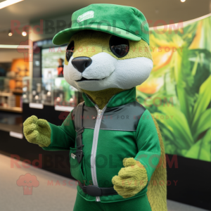 Green Mongoose mascot costume character dressed with a Rash Guard and Hats