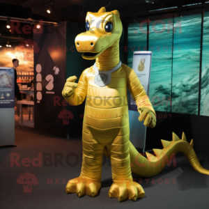 Gold Loch Ness Monster mascot costume character dressed with a T-Shirt and Anklets