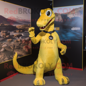 Gold Loch Ness Monster mascot costume character dressed with a T-Shirt and Anklets