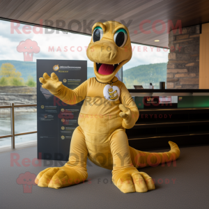 Gold Loch Ness Monster mascot costume character dressed with a T-Shirt and Anklets