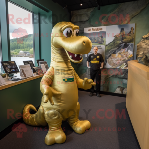 Gold Loch Ness Monster mascot costume character dressed with a T-Shirt and Anklets