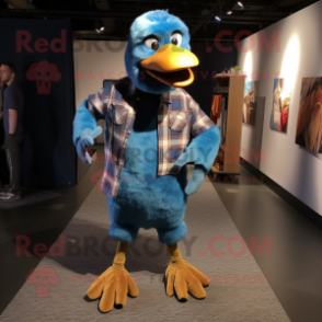 Blue Dodo Bird mascot costume character dressed with a Flannel Shirt and Foot pads